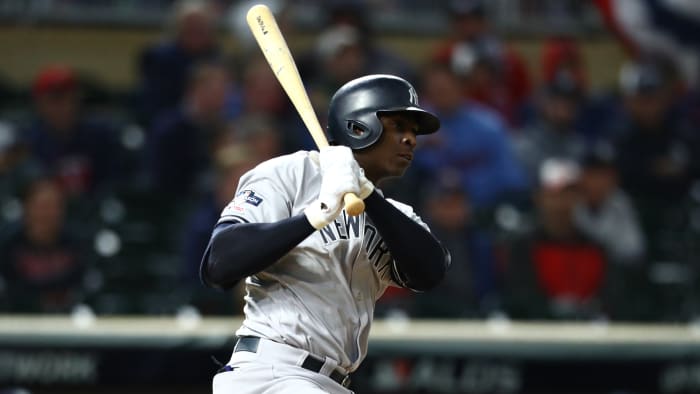 Didi Gregorious hits an RBI single during the ninth inning of game three of the 2019 ALDS playoff baseball series against the Minnesota Twins at Target Field.